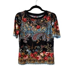 Johnny Was Los Angeles Janie Favorite Boat Neck Tee Floral Paisley Top Sz S